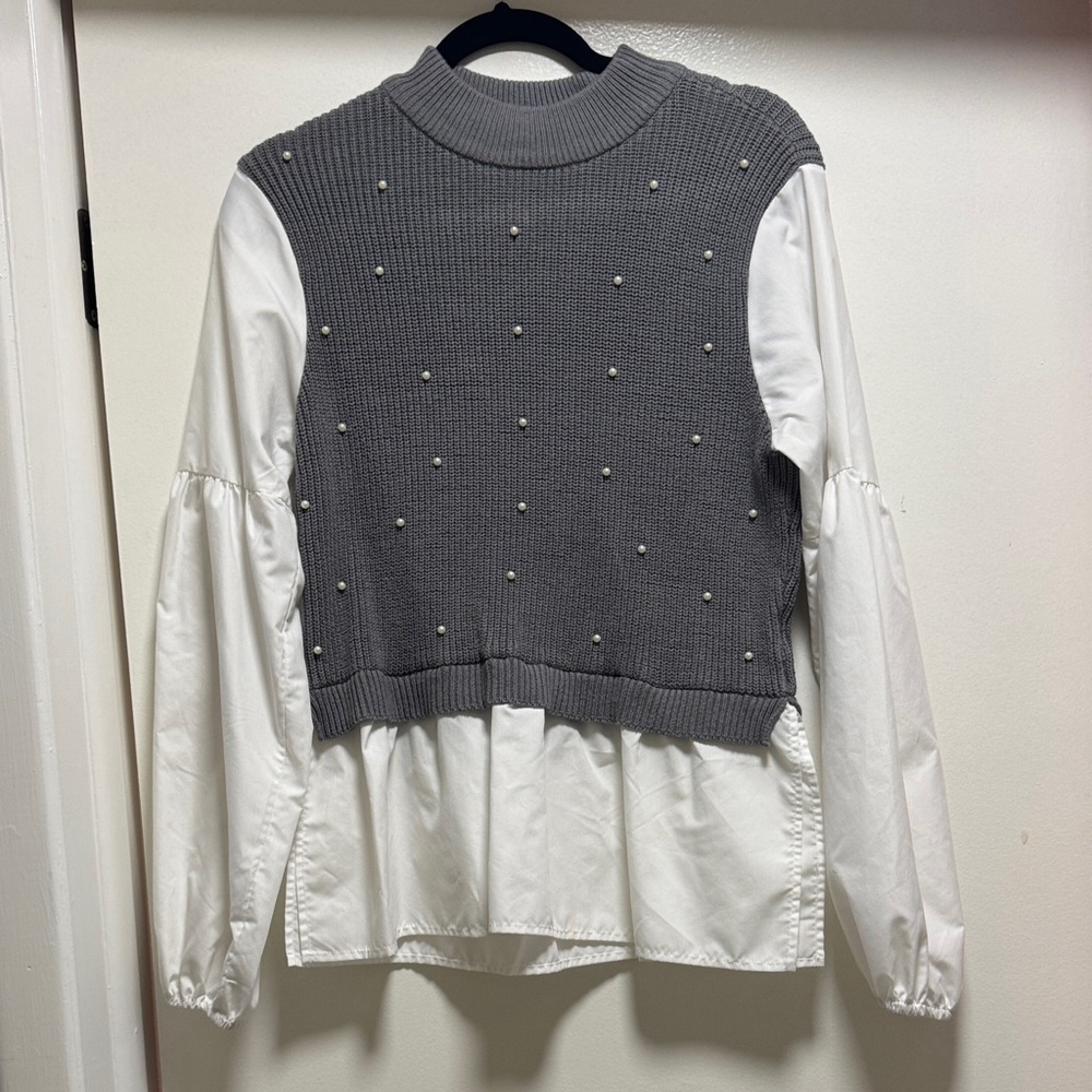 Gray and White Pearl Embellished Sweater Top